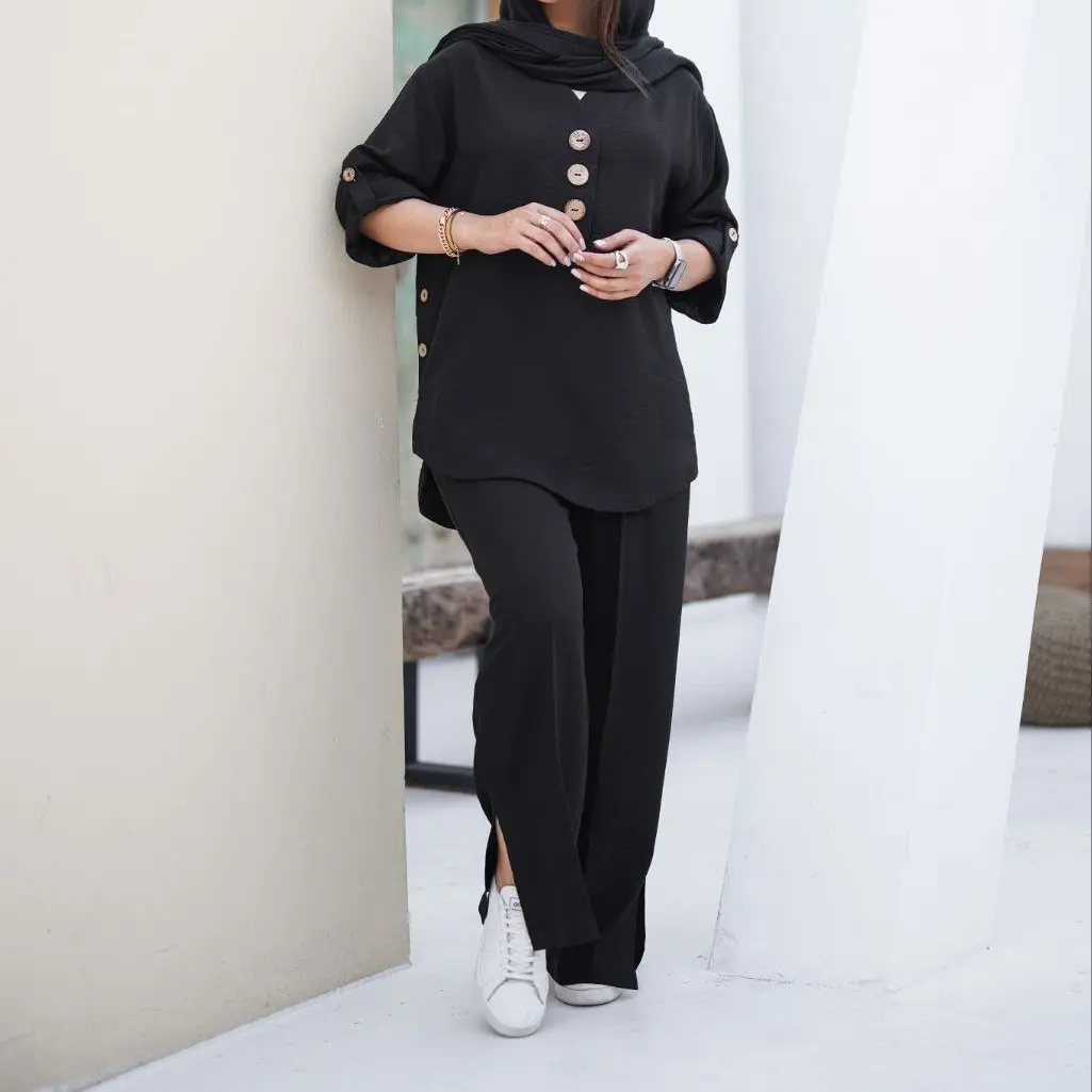 مانتو شلوار بغل دگمه چوبی سایز 36تا 44 قد 78 و شلوار 105