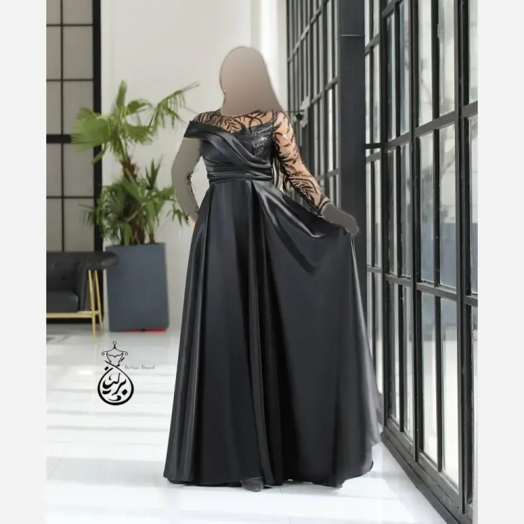 پیراهن مجلسی زنانه ارغوان حریر پولکی گلدوزی شده ترک و ساتن مشکی سایز 38 تا 50