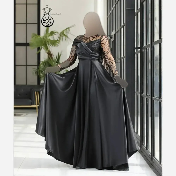 پیراهن مجلسی زنانه ارغوان حریر پولکی گلدوزی شده ترک و ساتن مشکی سایز 38 تا 50