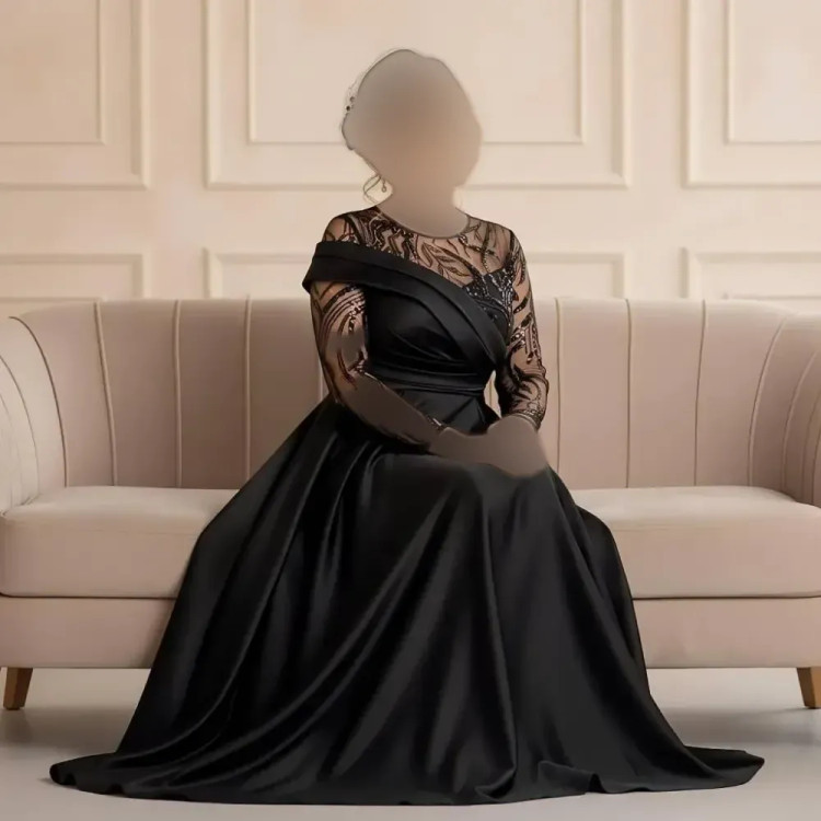 پیراهن مجلسی زنانه ارغوان حریر پولکی گلدوزی شده ترک و ساتن مشکی سایز 38 تا 50