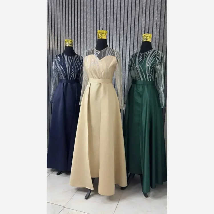 مانتو مجلسی زنانه ساتن آمریکایی و تور منجوق دوزی شده سبز سورمه ای کرم سایز 1 2 3