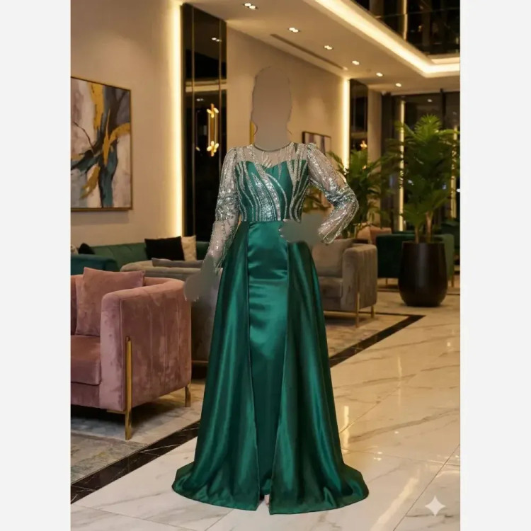 مانتو مجلسی زنانه ساتن آمریکایی و تور منجوق دوزی شده سبز سورمه ای کرم سایز 1 2 3
