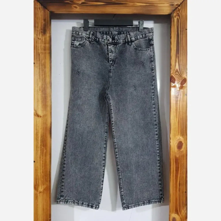 شلوار نیم بگ واید جین زنانه طوسی و کرم سنگشور شده سایز 38 تا 48