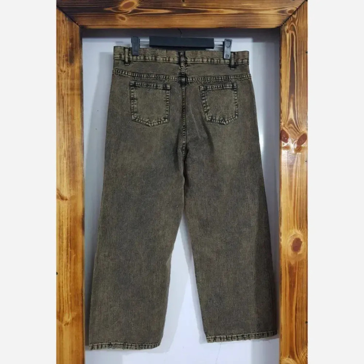 شلوار نیم بگ واید جین زنانه طوسی و کرم سنگشور شده سایز 38 تا 48