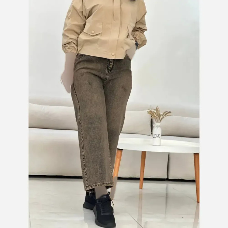 شلوار نیم بگ واید جین زنانه طوسی و کرم سنگشور شده سایز 38 تا 48