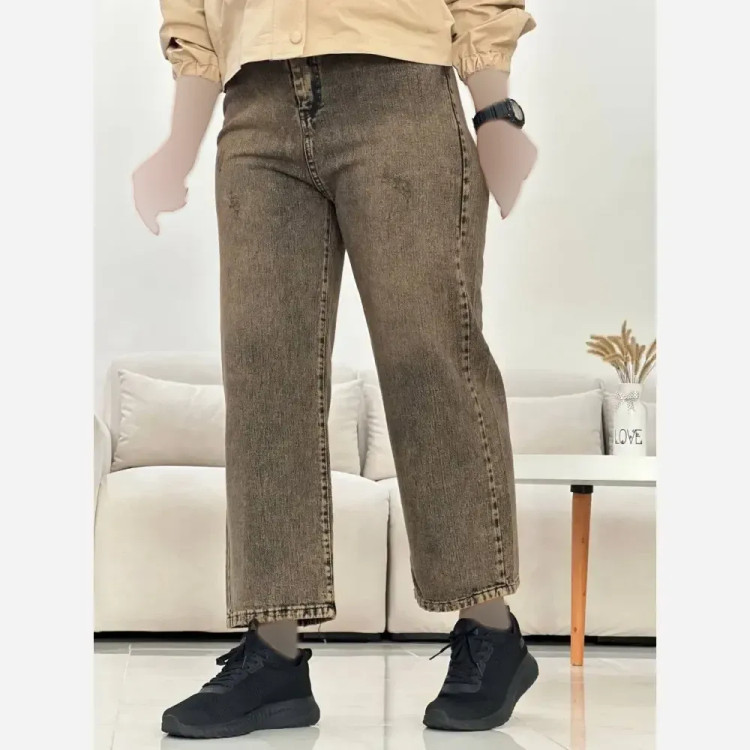 شلوار نیم بگ واید جین زنانه طوسی و کرم سنگشور شده سایز 38 تا 48