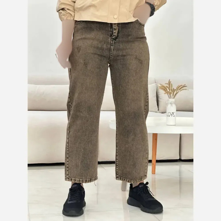 شلوار نیم بگ واید جین زنانه طوسی و کرم سنگشور شده سایز 38 تا 48