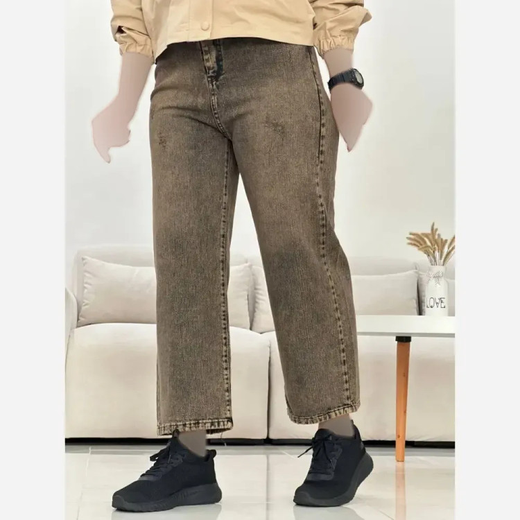 شلوار نیم بگ واید جین زنانه طوسی و کرم سنگشور شده سایز 38 تا 48