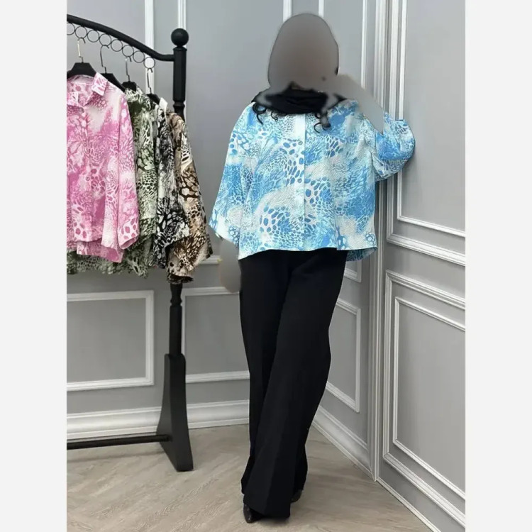 شومیز آبرنگی پلنگی زنانه فری سایز جنس پفکی قد 72