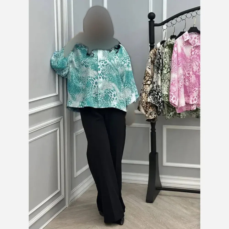 شومیز آبرنگی پلنگی زنانه فری سایز جنس پفکی قد 72