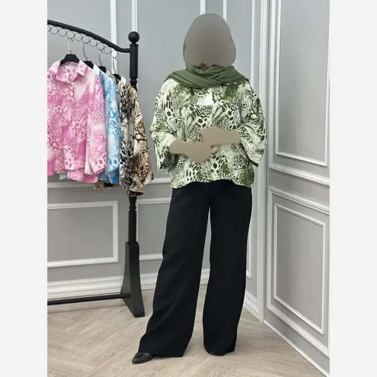 شومیز آبرنگی پلنگی زنانه فری سایز جنس پفکی قد 72