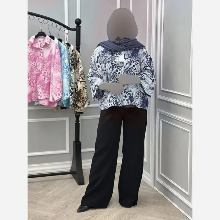 شومیز آبرنگی پلنگی زنانه فری سایز جنس پفکی قد 72