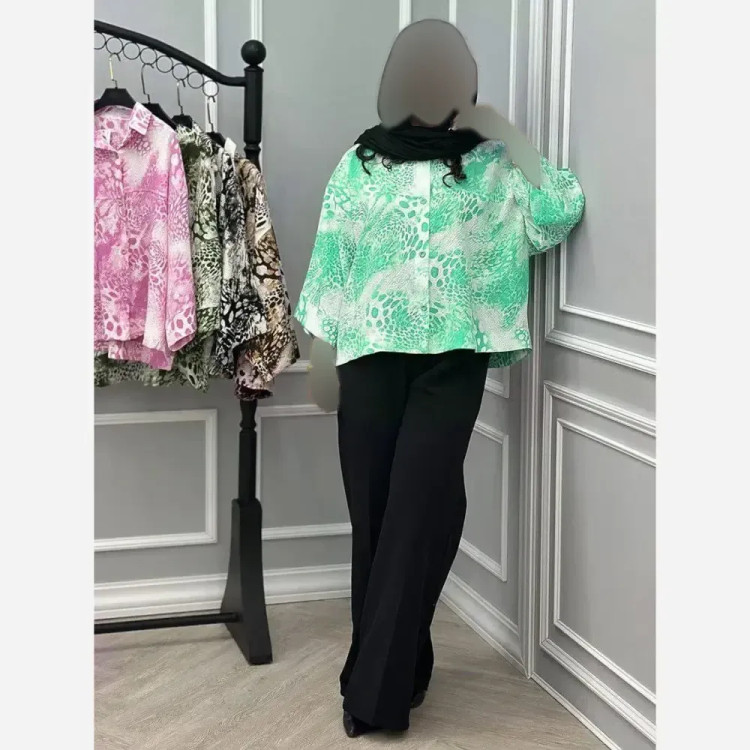 شومیز آبرنگی پلنگی زنانه فری سایز جنس پفکی قد 72