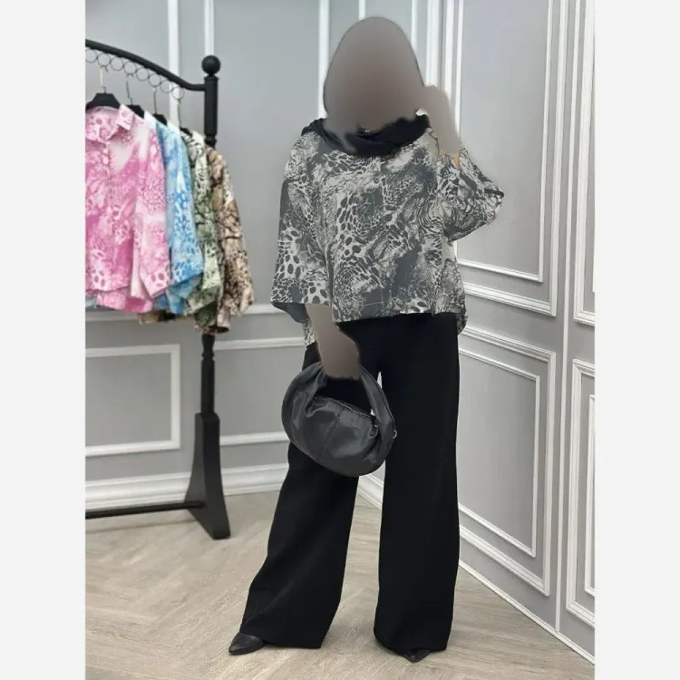 شومیز آبرنگی پلنگی زنانه فری سایز جنس پفکی قد 72