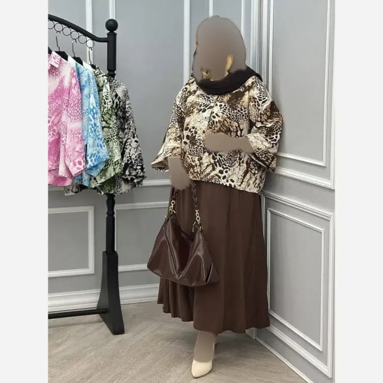 شومیز آبرنگی پلنگی زنانه فری سایز جنس پفکی قد 72