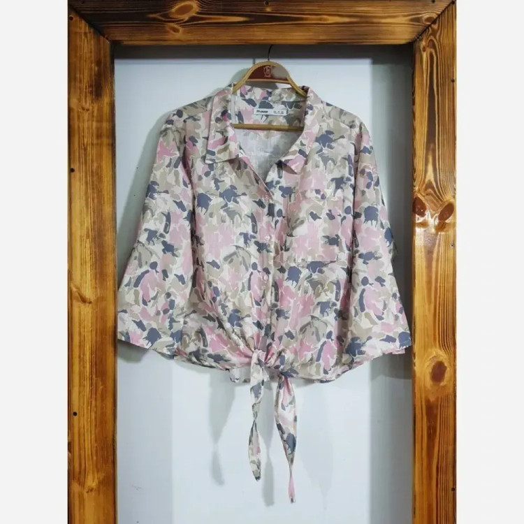 شومیز گره ای لینن پفکی وال اسلب فری سایز زنانه | صورتی، سبز، گل | قد 56-62 | آستین گت | جیب و دکمه کاربردی