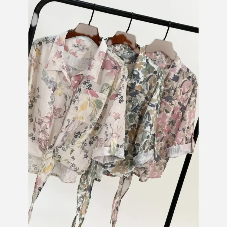 شومیز گره ای لینن پفکی وال اسلب فری سایز زنانه | صورتی، سبز، گل | قد 56-62 | آستین گت | جیب و دکمه کاربردی