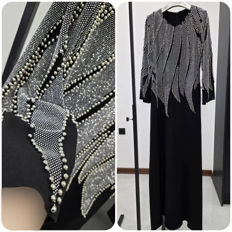 ماکسی مجلسی مدل نازنین بیگ سایز کرپ دالقیچ مشکی نگین و مروارید سایز بزرگ