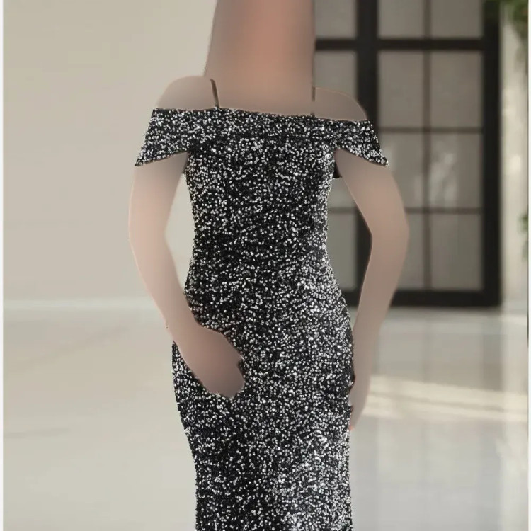 لباس مجلسی زنانه مدل الیسا پولک مخمل سایزبزرگ مشکی نقره ای