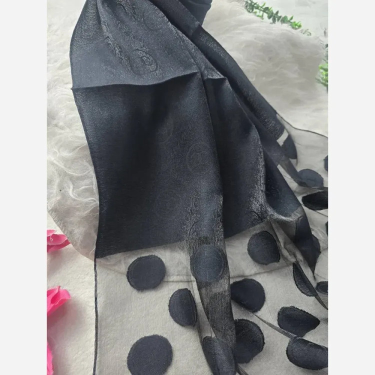 شال مشکی حریر شیشه ای مجلسی ابریشم طرح دار فری سایز 75x192
