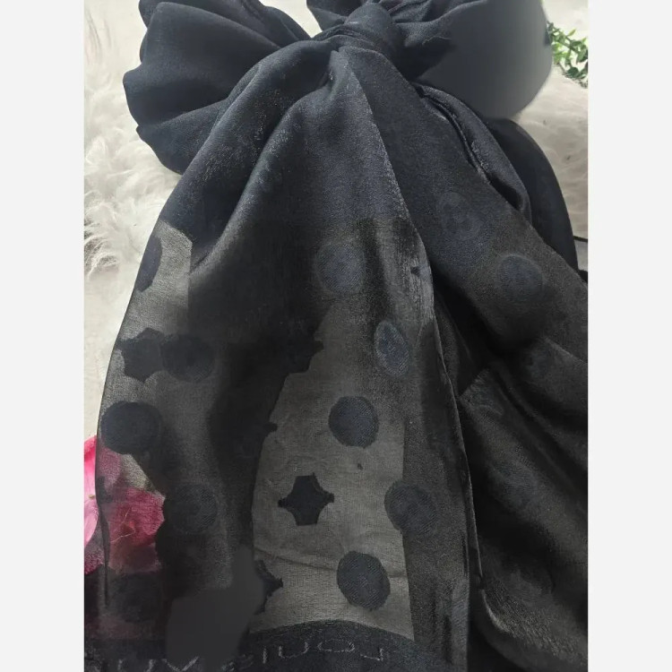 شال مشکی حریر شیشه ای مجلسی ابریشم طرح دار فری سایز 75x192