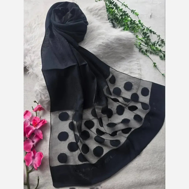 شال مشکی حریر شیشه ای مجلسی ابریشم طرح دار فری سایز 75x192
