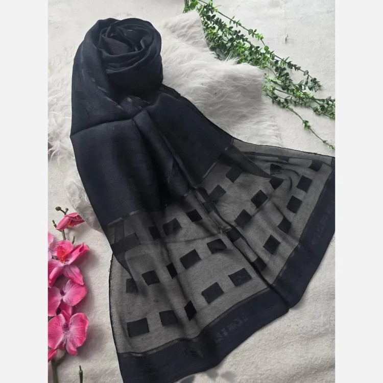 شال مشکی حریر شیشه ای مجلسی ابریشم طرح دار فری سایز 75x192