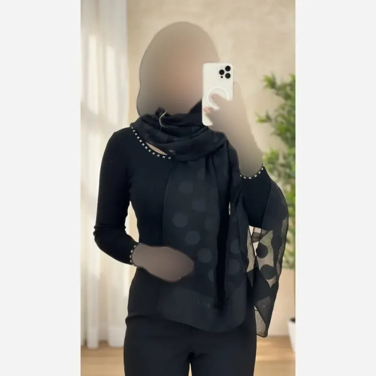 شال مشکی حریر شیشه ای مجلسی ابریشم طرح دار فری سایز 75x192