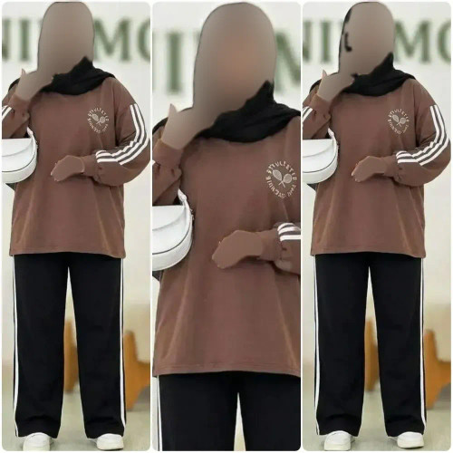 بلوز و شلوار اسپان پنبه زنانه فری سایز طرح تنیسی رنگ موکا کد 1138