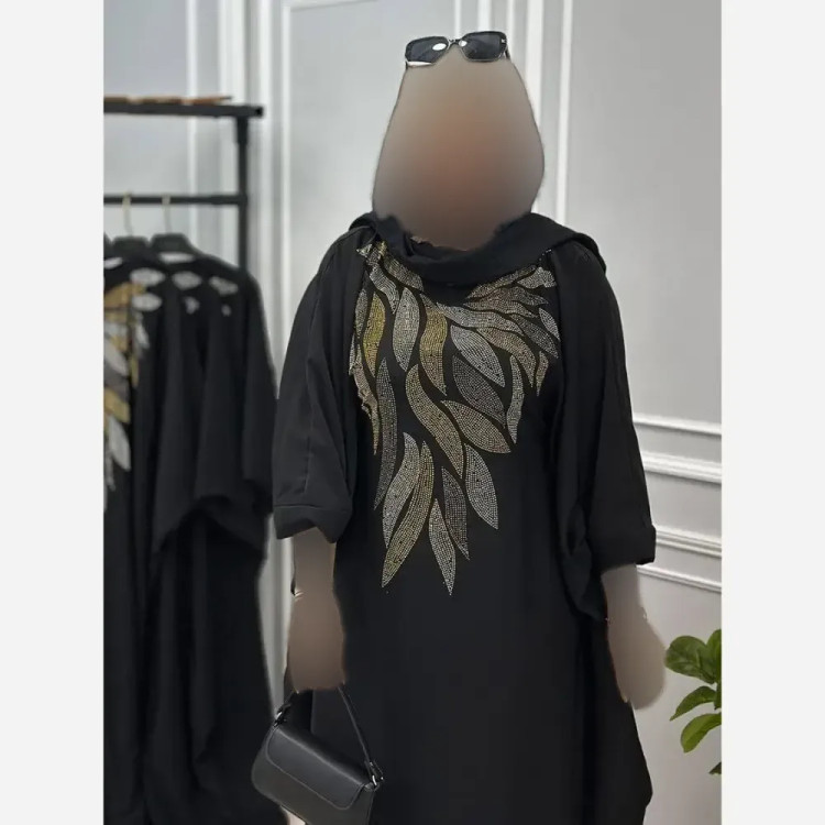 عبایی برگی الیزه مشکی فری سایز 38 تا 52 قد 120 زنانه شیک