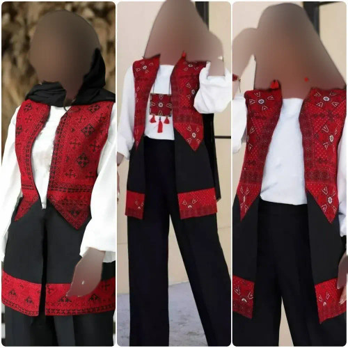 ست سه تیکه پارمین شومیز، وست و شلوار پرشین مکانیک سوزن دوزی قرمز فری سایز