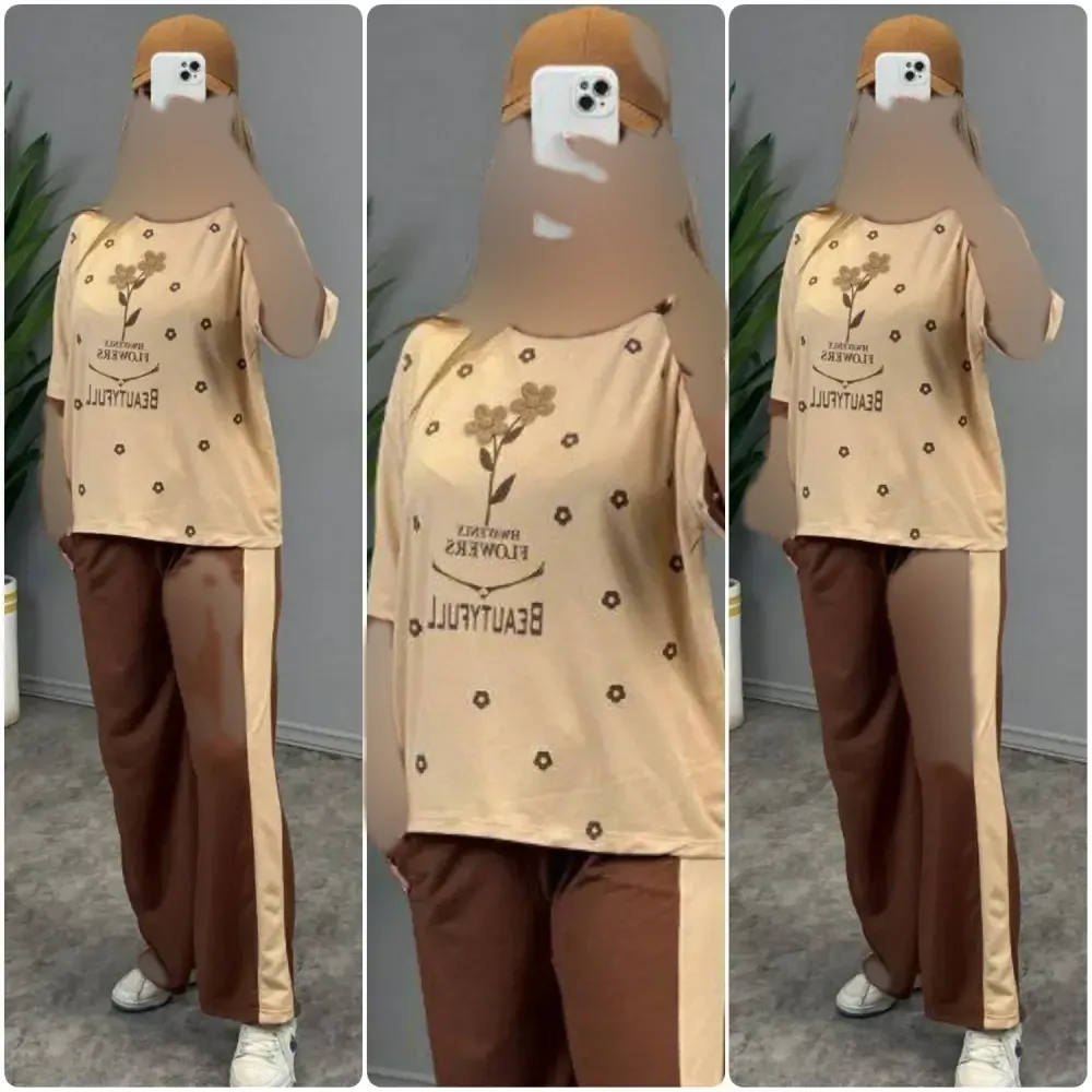 ست تیشرت و شلوار نخی گلکسی زنانه فری سایز FLOWER نسکافه ای
