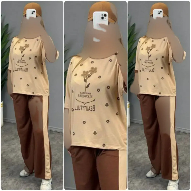 ست تیشرت و شلوار نخی گلکسی زنانه فری سایز FLOWER نسکافه ای