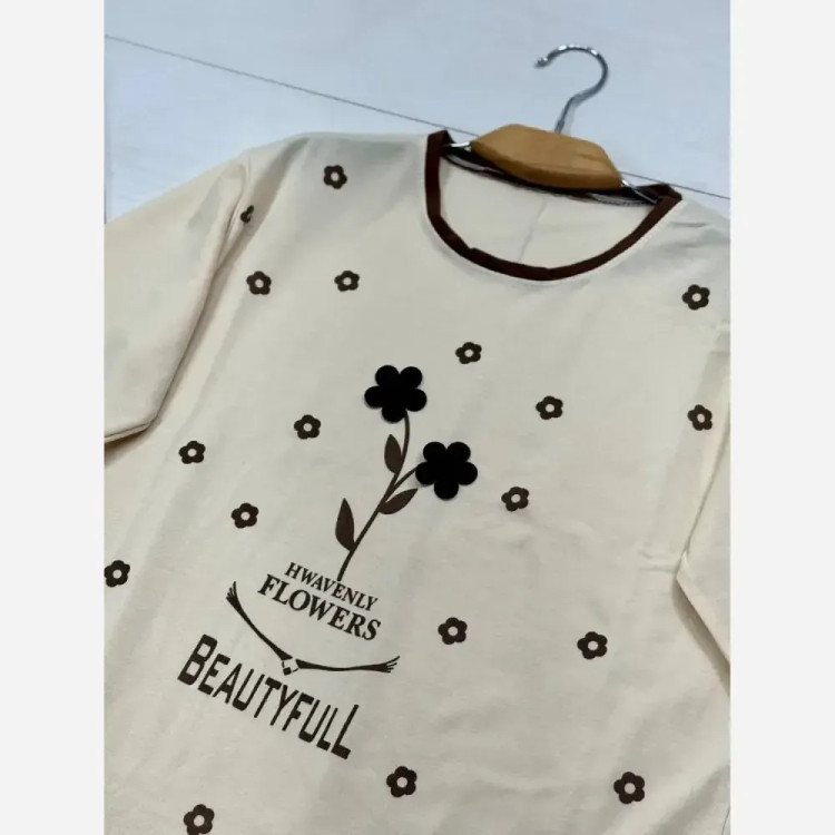 ست تیشرت و شلوار نخی گلکسی زنانه فری سایز FLOWER نسکافه ای