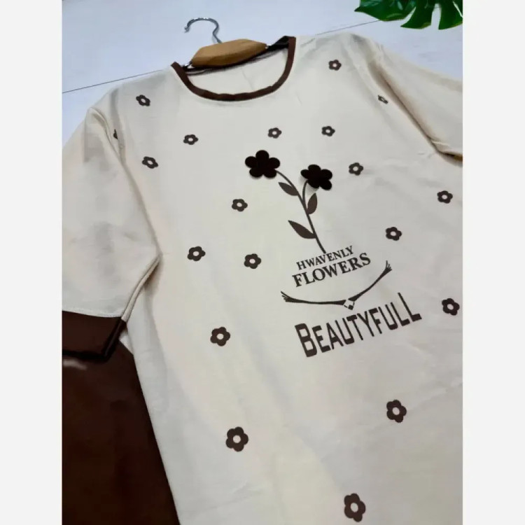 ست تیشرت و شلوار نخی گلکسی زنانه فری سایز FLOWER نسکافه ای