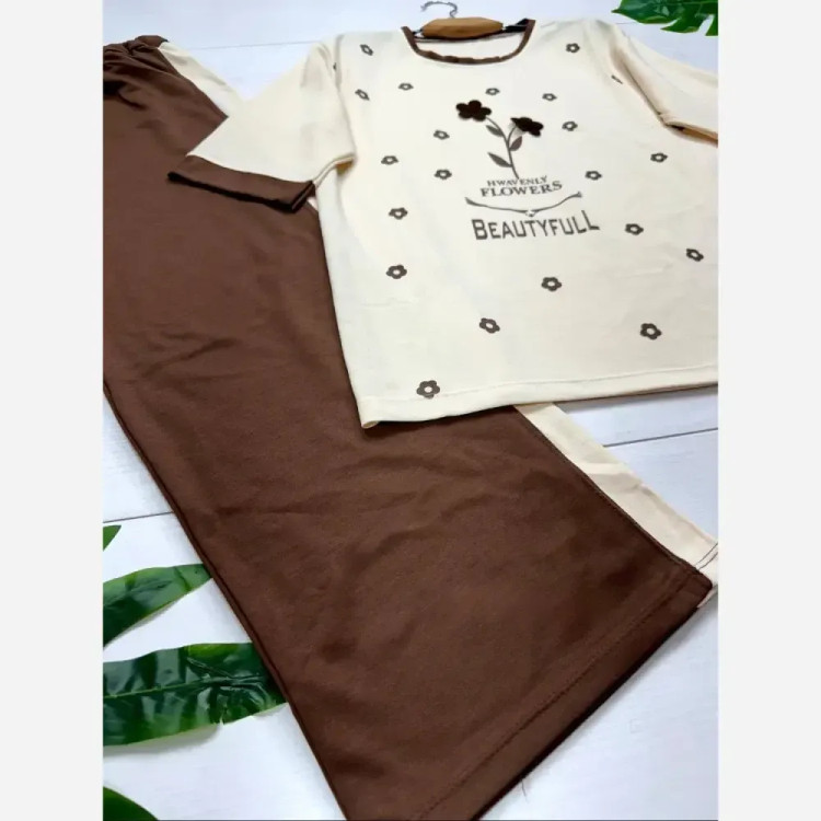 ست تیشرت و شلوار نخی گلکسی زنانه فری سایز FLOWER نسکافه ای