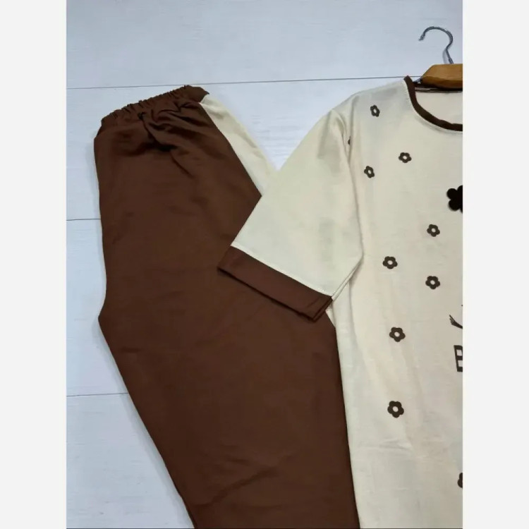 ست تیشرت و شلوار نخی گلکسی زنانه فری سایز FLOWER نسکافه ای