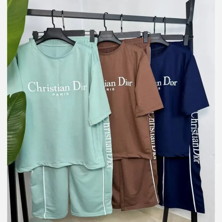 ست تیشرت و شلوار پنبه گلکسی کریستین دیور رنگی زنانه فری سایز