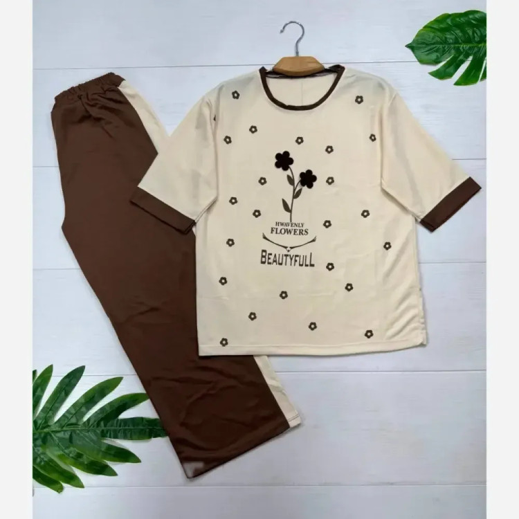 ست تیشرت و شلوار نخی گلکسی زنانه فری سایز FLOWER نسکافه ای