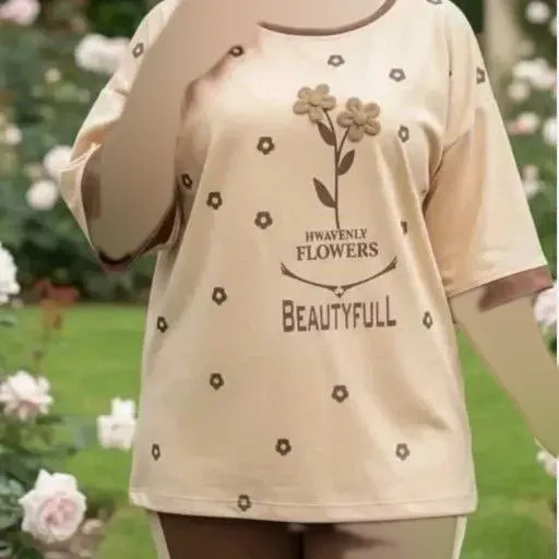 ست تیشرت و شلوار نخی گلکسی زنانه فری سایز FLOWER نسکافه ای