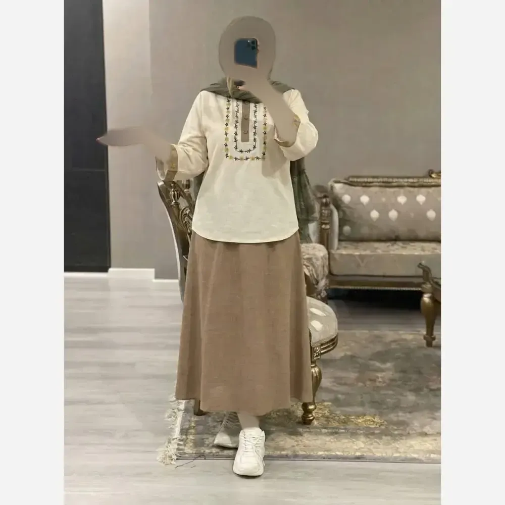 ست شومیز و دامن زنانه الیچکا مدل ژیوا جنس لنین و شانتون سایز فری