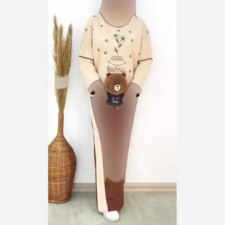 ست تیشرت و شلوار نخی گلکسی زنانه فری سایز FLOWER نسکافه ای