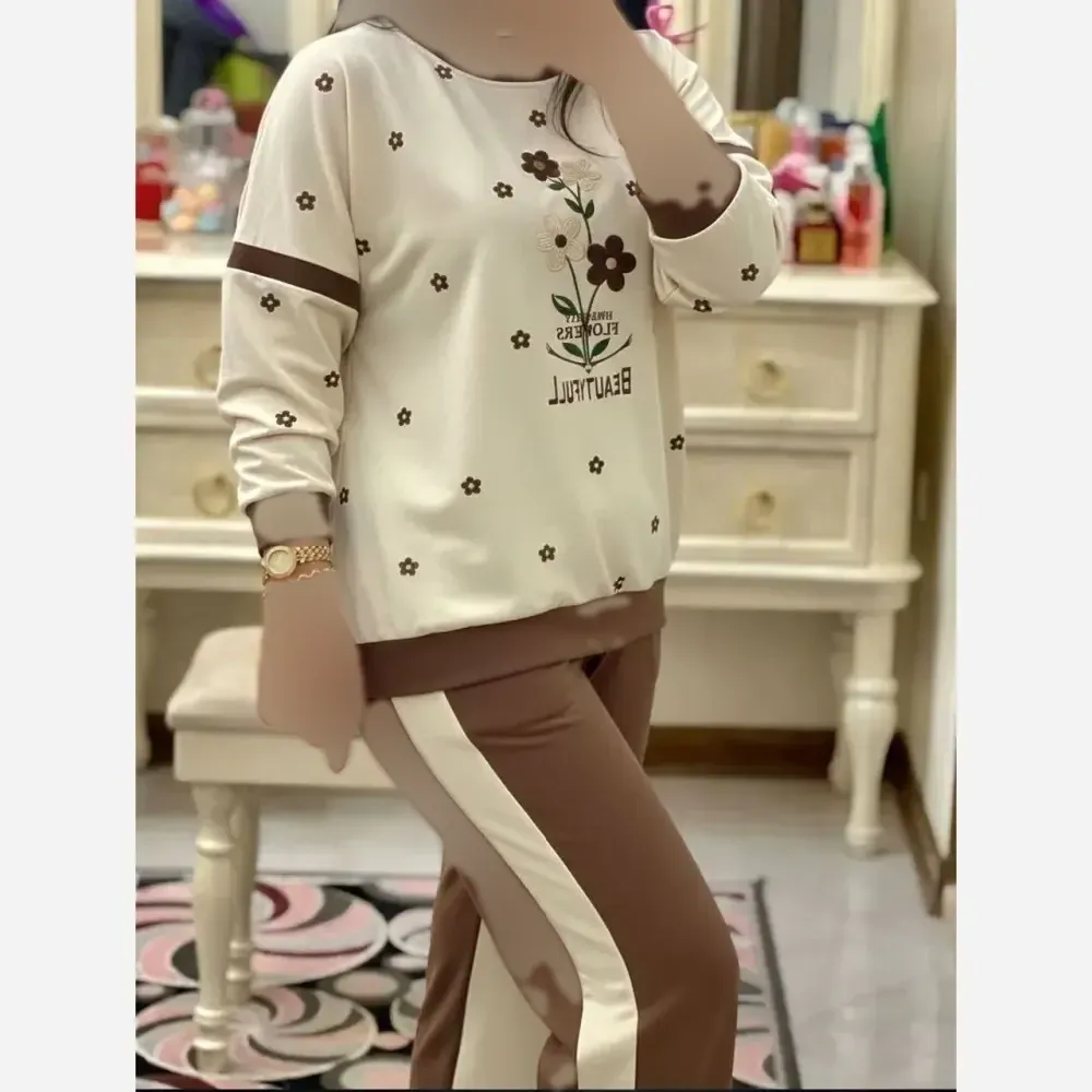 ست تیشرت و شلوار نخی گلکسی زنانه فری سایز FLOWER نسکافه ای