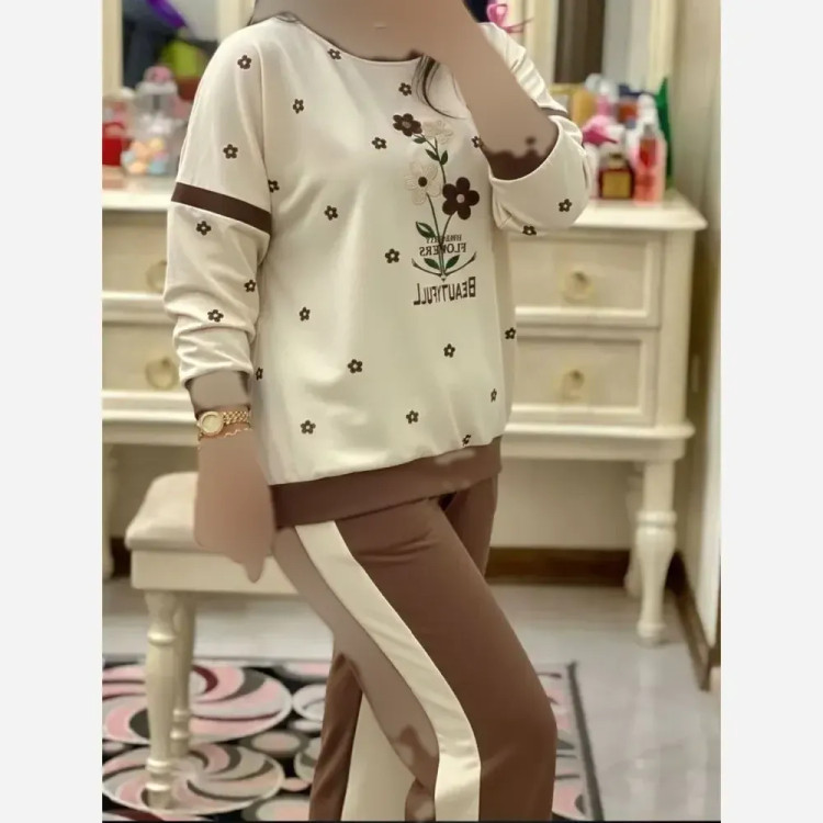 ست تیشرت و شلوار نخی گلکسی زنانه فری سایز FLOWER نسکافه ای