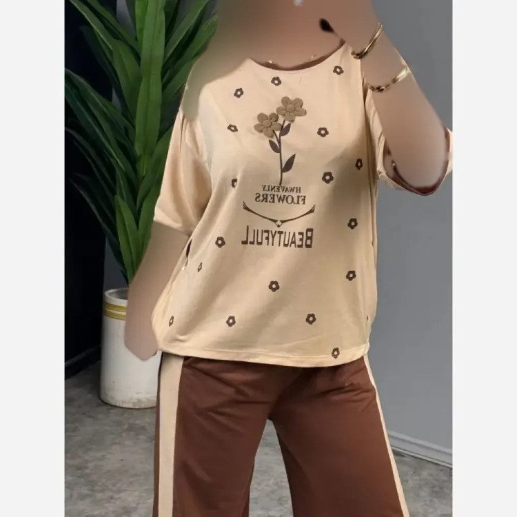 ست تیشرت و شلوار نخی گلکسی زنانه فری سایز FLOWER نسکافه ای