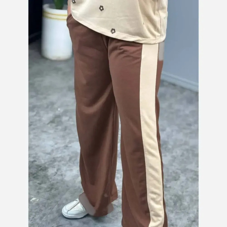 ست تیشرت و شلوار نخی گلکسی زنانه فری سایز FLOWER نسکافه ای