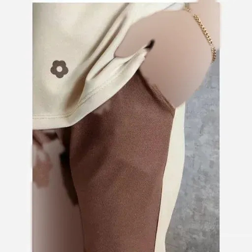 ست تیشرت و شلوار نخی گلکسی زنانه فری سایز FLOWER نسکافه ای