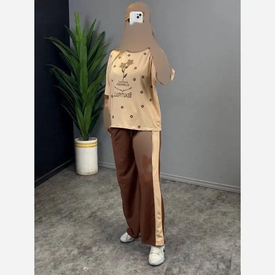 ست تیشرت و شلوار نخی گلکسی زنانه فری سایز FLOWER نسکافه ای