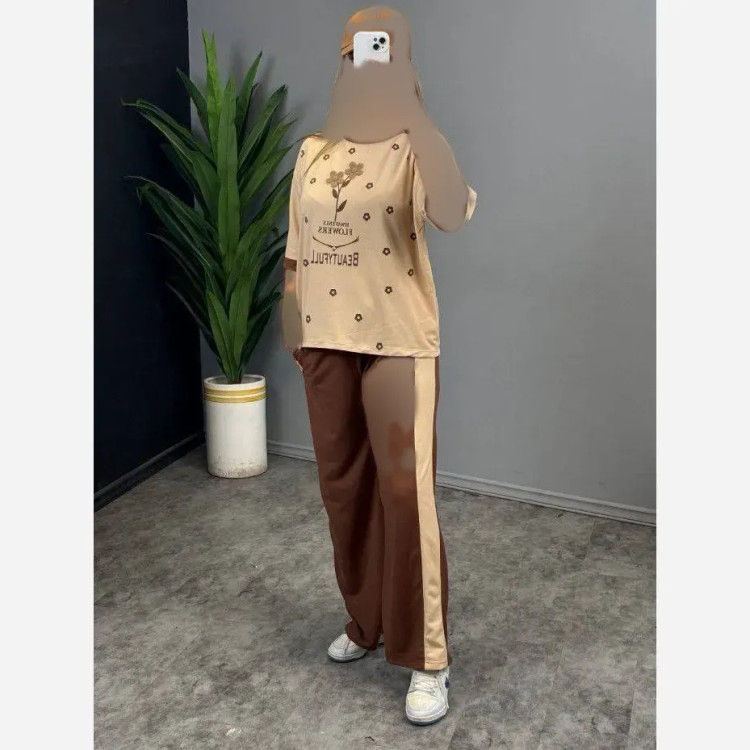 ست تیشرت و شلوار نخی گلکسی زنانه فری سایز FLOWER نسکافه ای