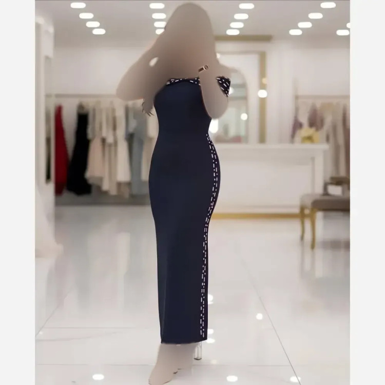 پیراهن مجلسی زنانه غواصی نگین دوزی شده سایزبندی کامل مشکی سورمه ای